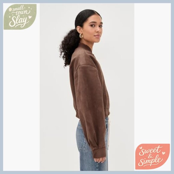 Faux Suede Bomber Jacket with Padded Shoulders and Snap Cuffs - Picture 5 of 6